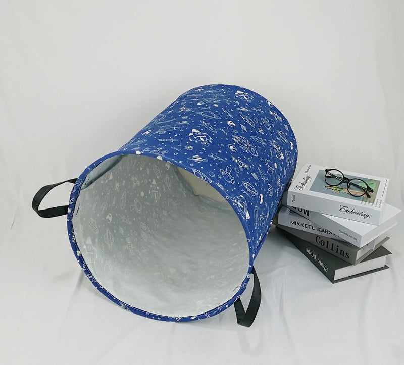 KUNRO Round Laundry Gift Basket Storage Hamper, Clothes Storage Organizer Bins, Shelf Basket with Handles for Room Decor (navy Spaceship) - Image 4